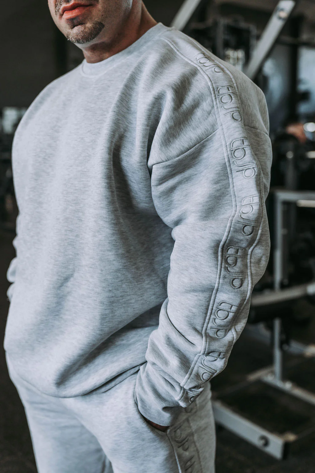 Light Grey Sweater with Stitched Logo Arm Stripes - Image 4